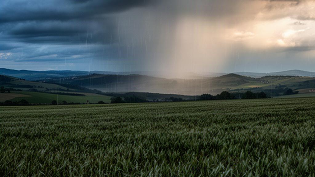 Ein Regenschauer zieht über einen Acker und die Hügel der Weststeiermark