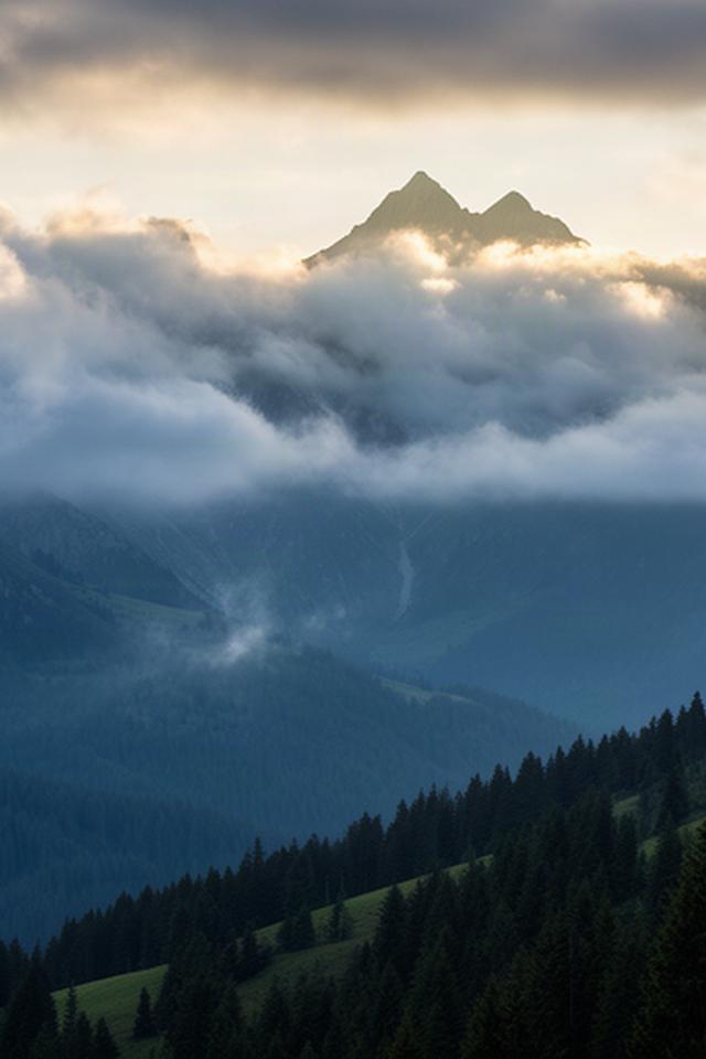 Wolken ziehen über bewaldete Hänge der Koralpe, dahinter liegen sonnige Gipfel im Morgenlicht