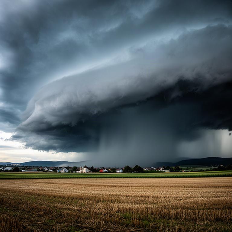Schwere Hagelwolke zieht über ein abgeerntetes Feld nahe einem steirischen Dorf