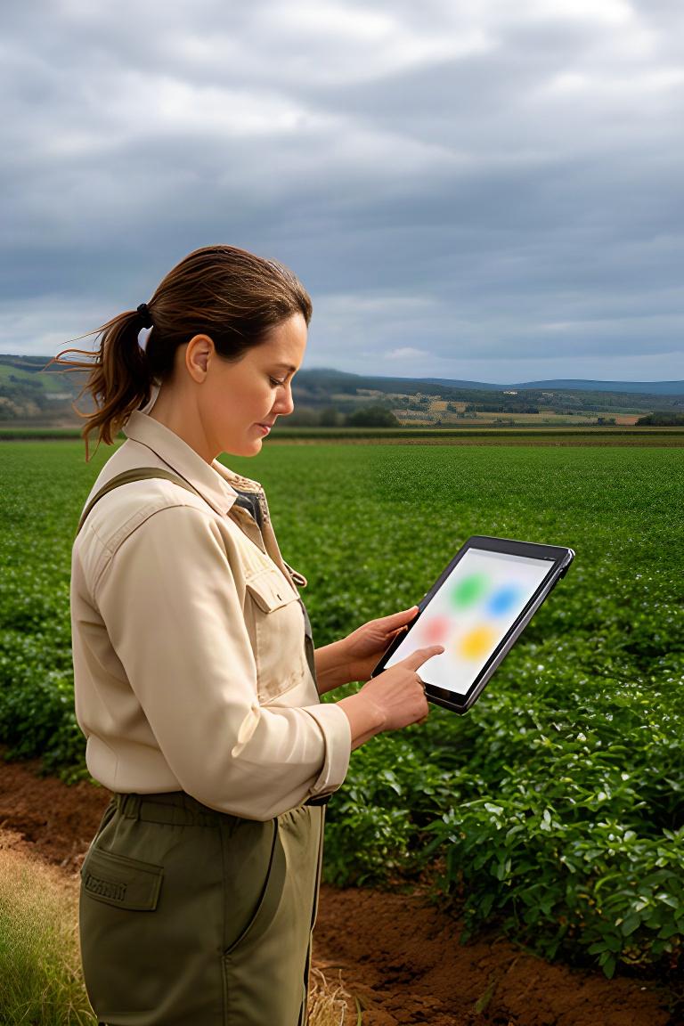 Mitarbeiterin eines Landwirtschaftsbetriebs prüft am Feldrand digitale Wetterdaten auf einem Tablet