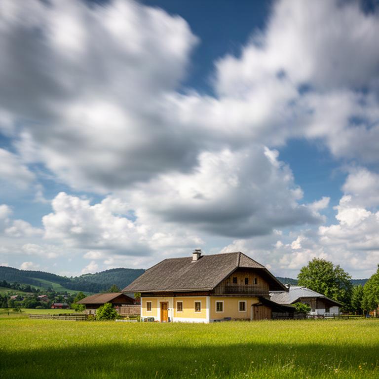 Ein steirischer Bauernhof liegt unter rasch ziehenden Wolken an einem klaren Nachmittag