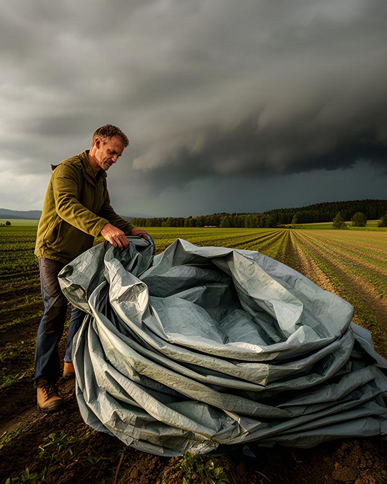 Landwirt sichert Abdeckplanen neben einem Feld vor aufkommendem Sturm