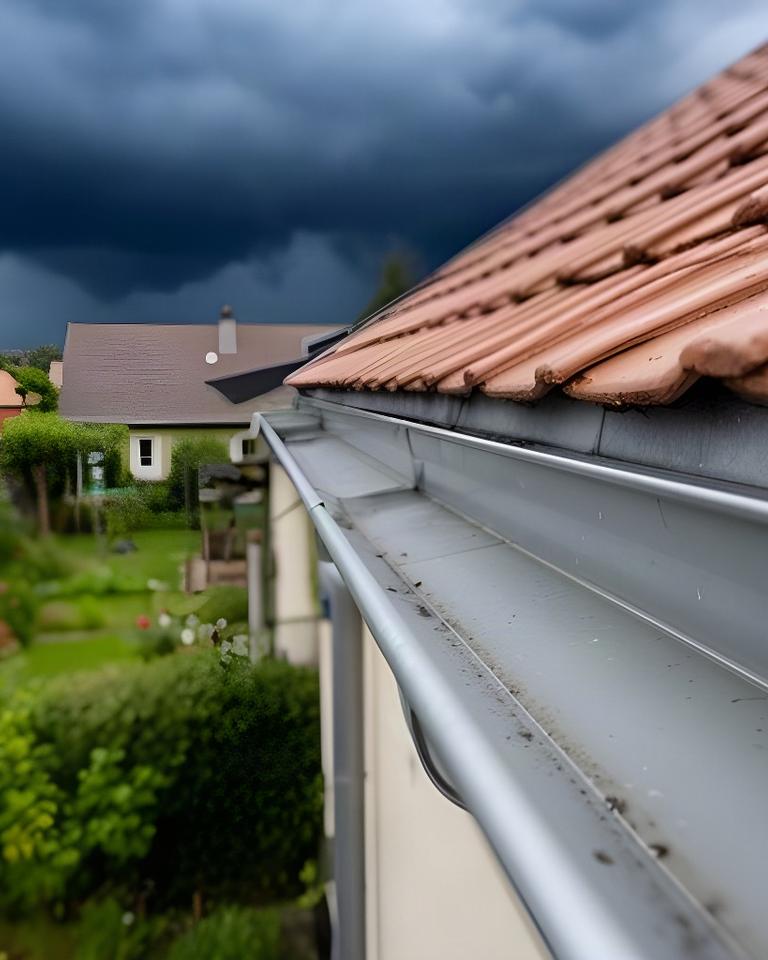 Freigeräumte Dachrinne an einem Einfamilienhaus vor angekündigtem Starkregen