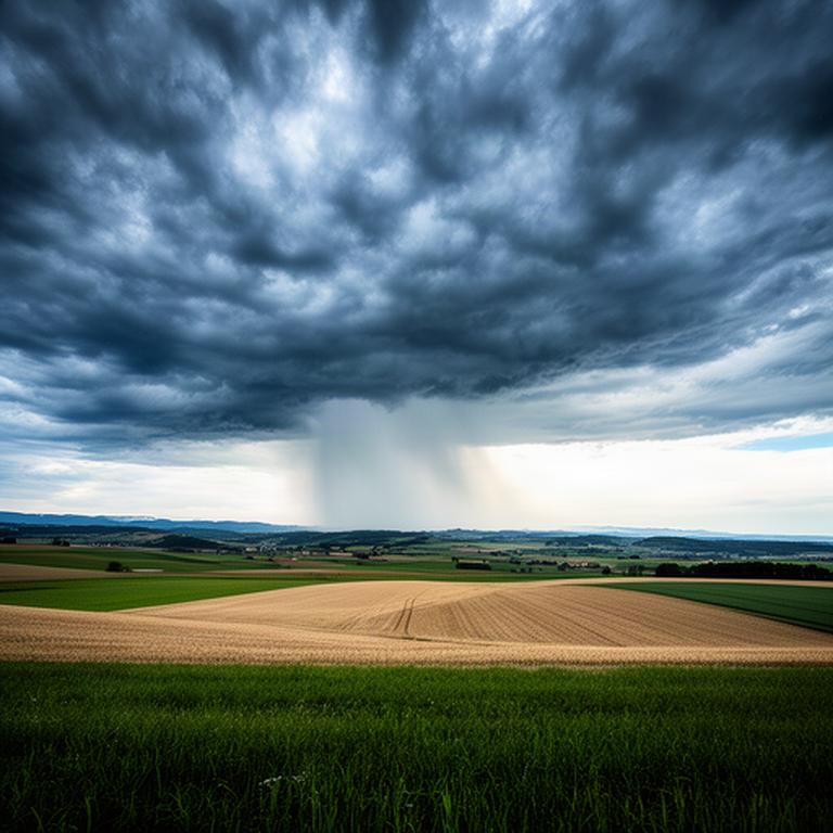 Schauerwolken über Feldern in der Steiermark, während am Horizont hellere Wolken aufziehen