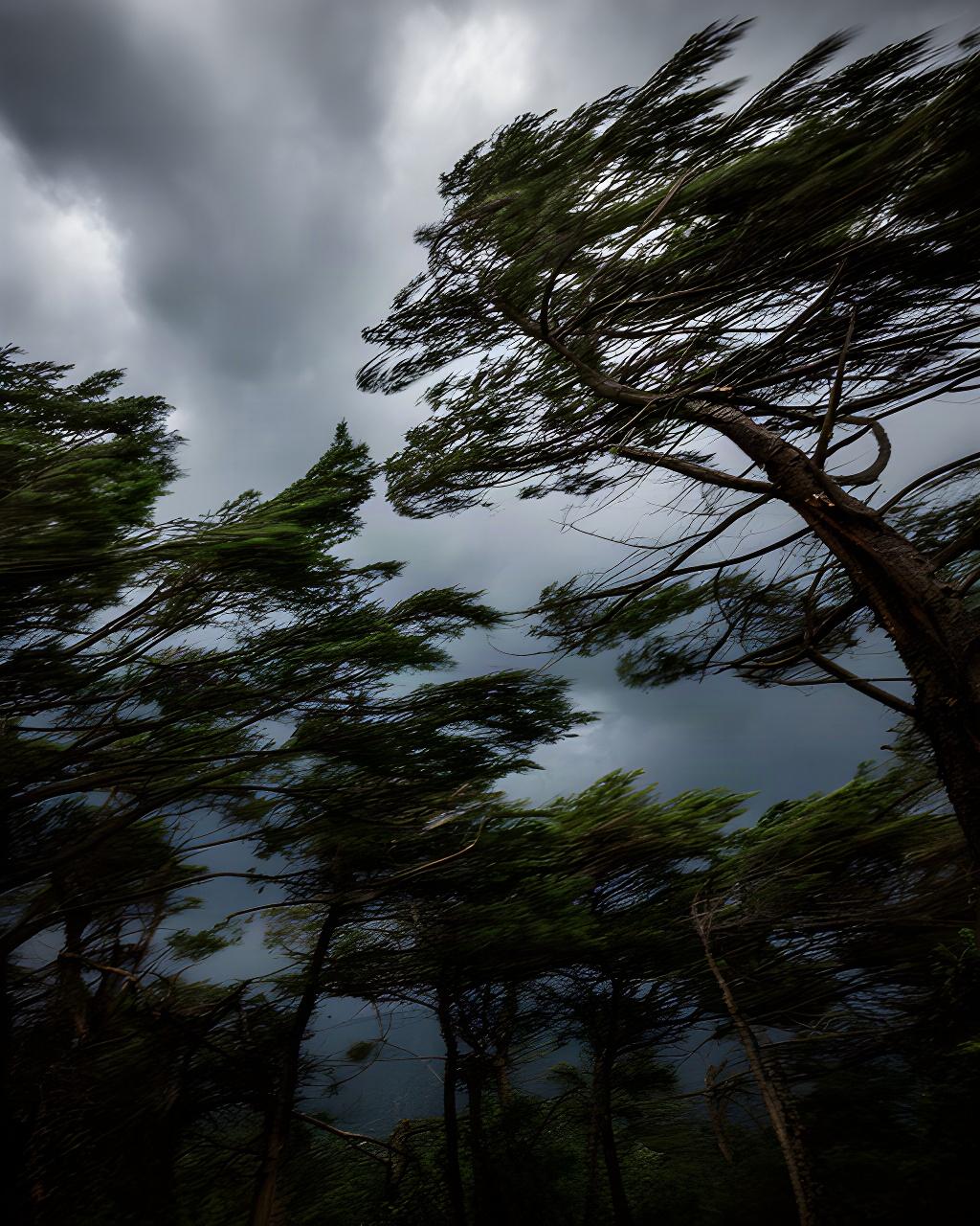 Wind bewegt die Kronen hoher Bäume vor einem aufziehenden Wolkenhimmel