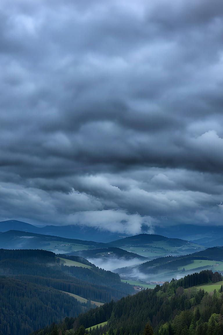 Dichte Wolken ziehen über bewaldete Hügel in der Steiermark