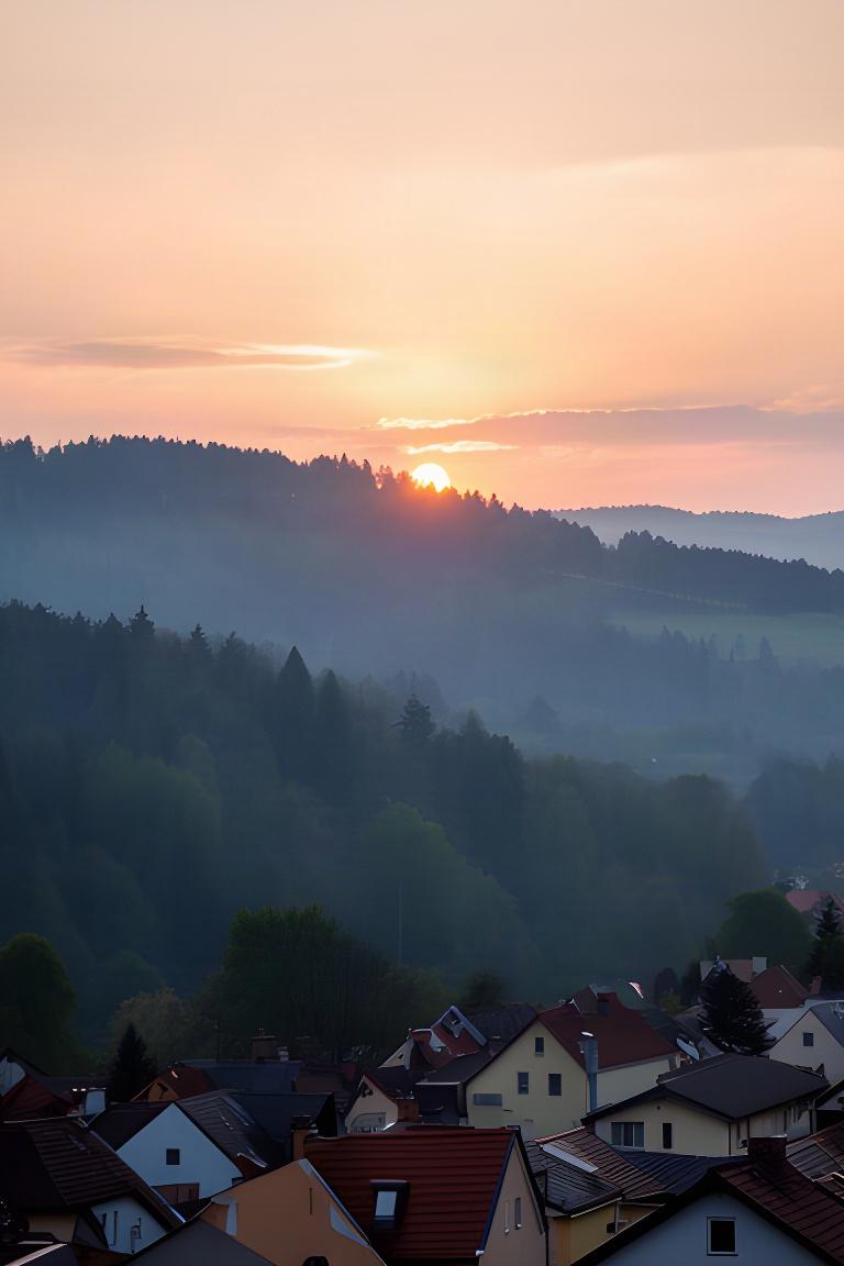 Morgenlicht fällt über Dächer und bewaldete Hügel rund um Deutschlandsberg