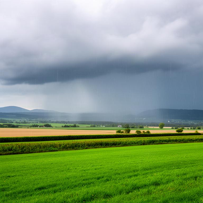 Regenschauer ziehen über grüne Felder nahe Deutschlandsberg