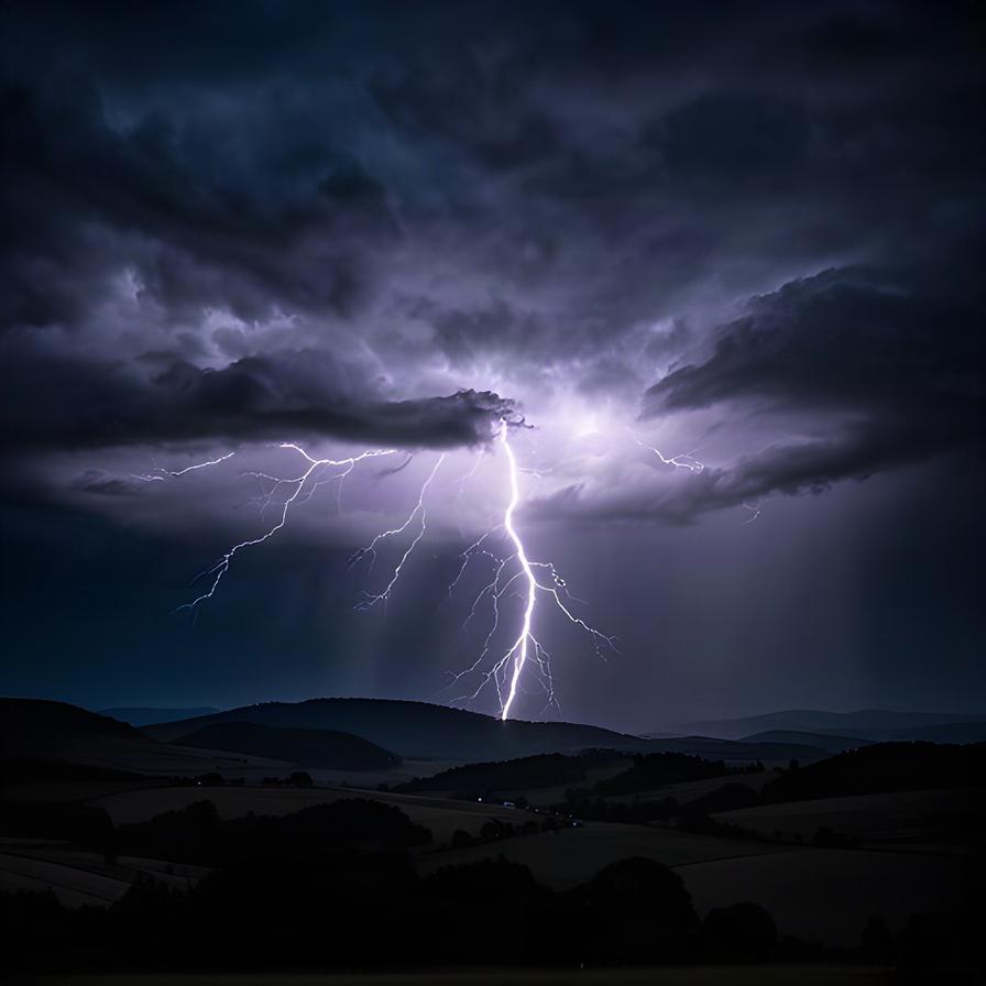 Ein Blitz erhellt nachts die Wolken über einer hügeligen Landschaft in der Weststeiermark