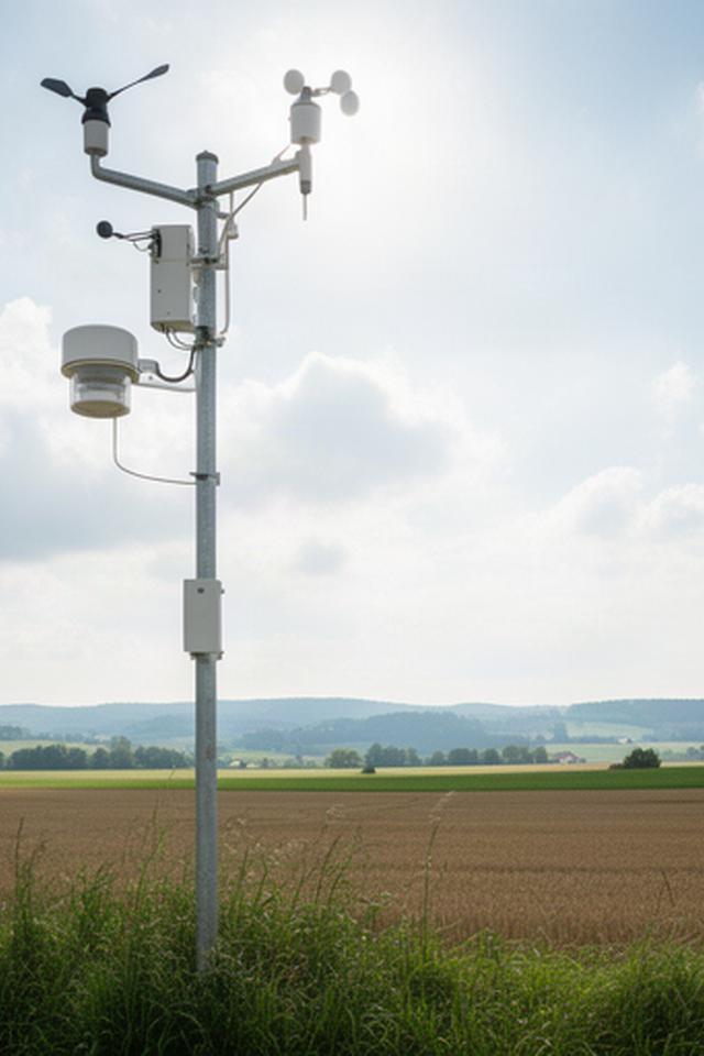 Wetterstation am Rand eines weststeirischen Feldes mit Messgeräten unter einem hellen Himmel