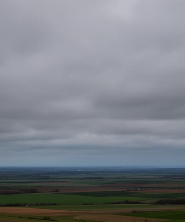 Weite Landschaft unter einer geschlossenen Wolkendecke, mit freiem Blick auf den Horizont