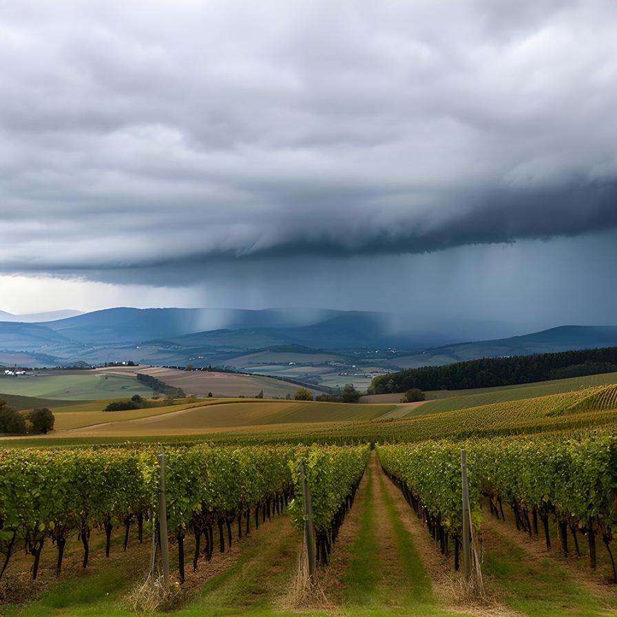 Regenwolken ziehen über Weingärten und sanfte Hügel der Weststeiermark