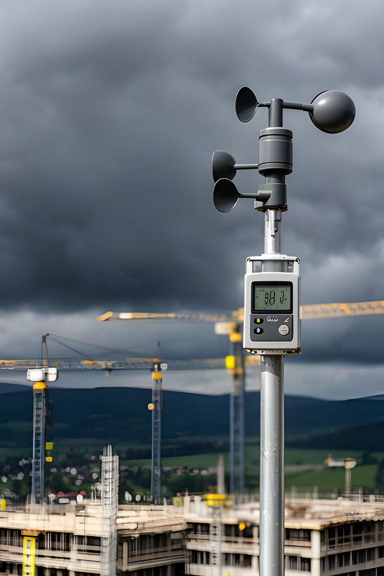 Windmessgerät an einer Baustelle mit Kranen und Wolken über Deutschlandsberg