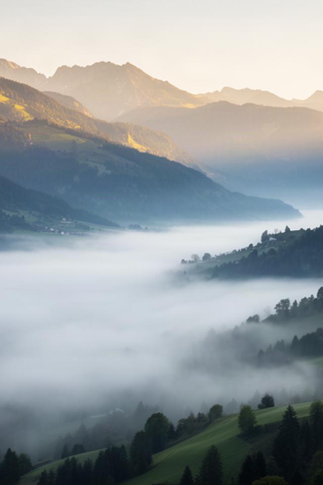Nebel füllt am frühen Morgen ein steirisches Tal, darüber zeichnen sich sonnige Berghänge ab
