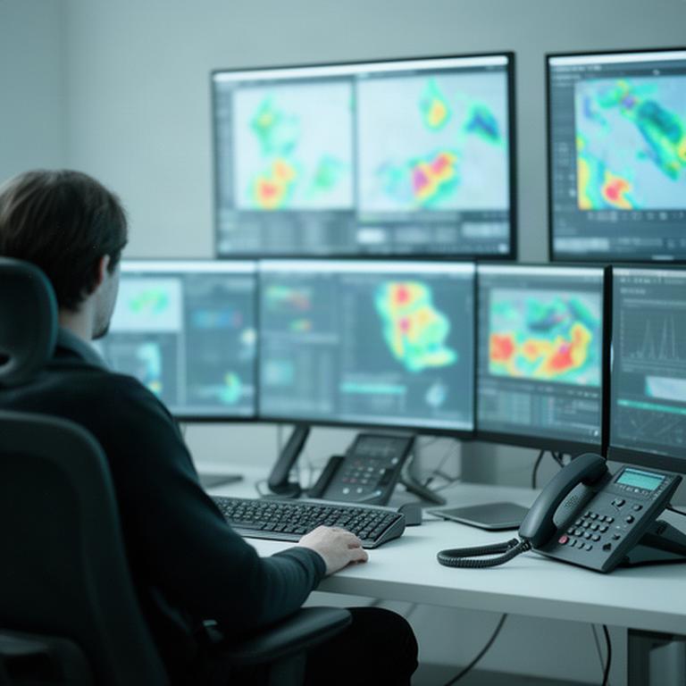 Arbeitsplatz in einer Betriebsleitstelle mit Wetterdaten auf mehreren Bildschirmen
