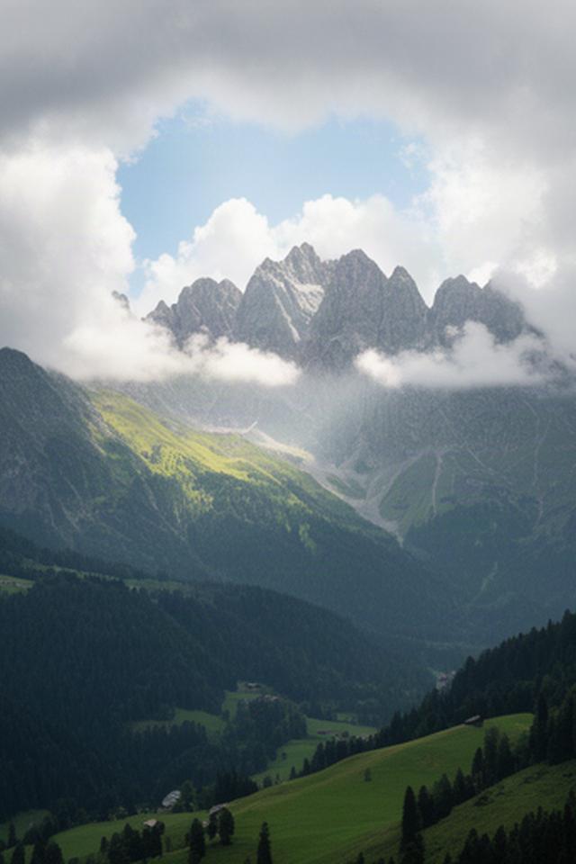 Ein helles Wolkenfenster gibt den Blick auf einen steirischen Bergrücken und ein tiefes grünes Tal frei
