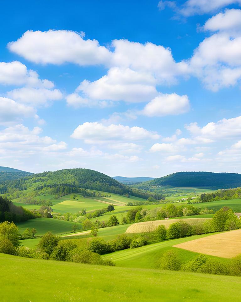 Blauer Himmel mit einzelnen Quellwolken über einer sonnigen steirischen Hügellandschaft