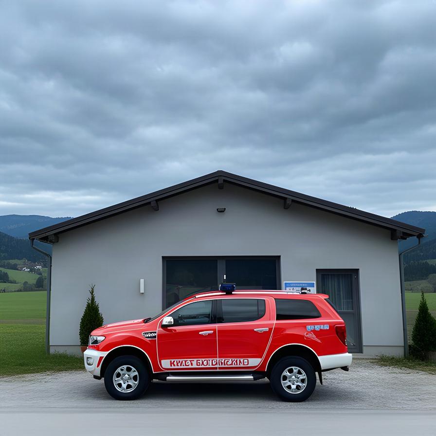 Feuerwehrfahrzeug steht bei bedecktem Himmel vor einem Gerätehaus in der Weststeiermark