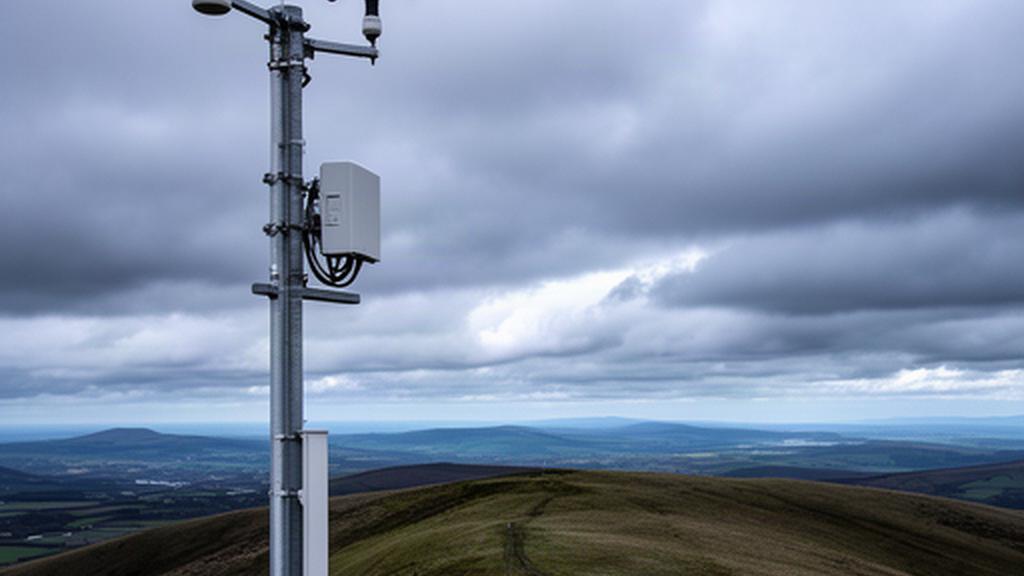 Wetterstation mit Windmesser auf einer offenen Anhöhe, im Hintergrund ziehen graue Wolken über die Landschaft