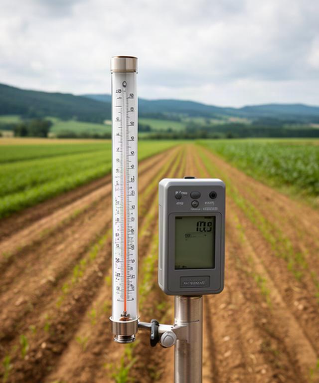 Thermometer und Wetterfühler zwischen landwirtschaftlichen Flächen in der Steiermark