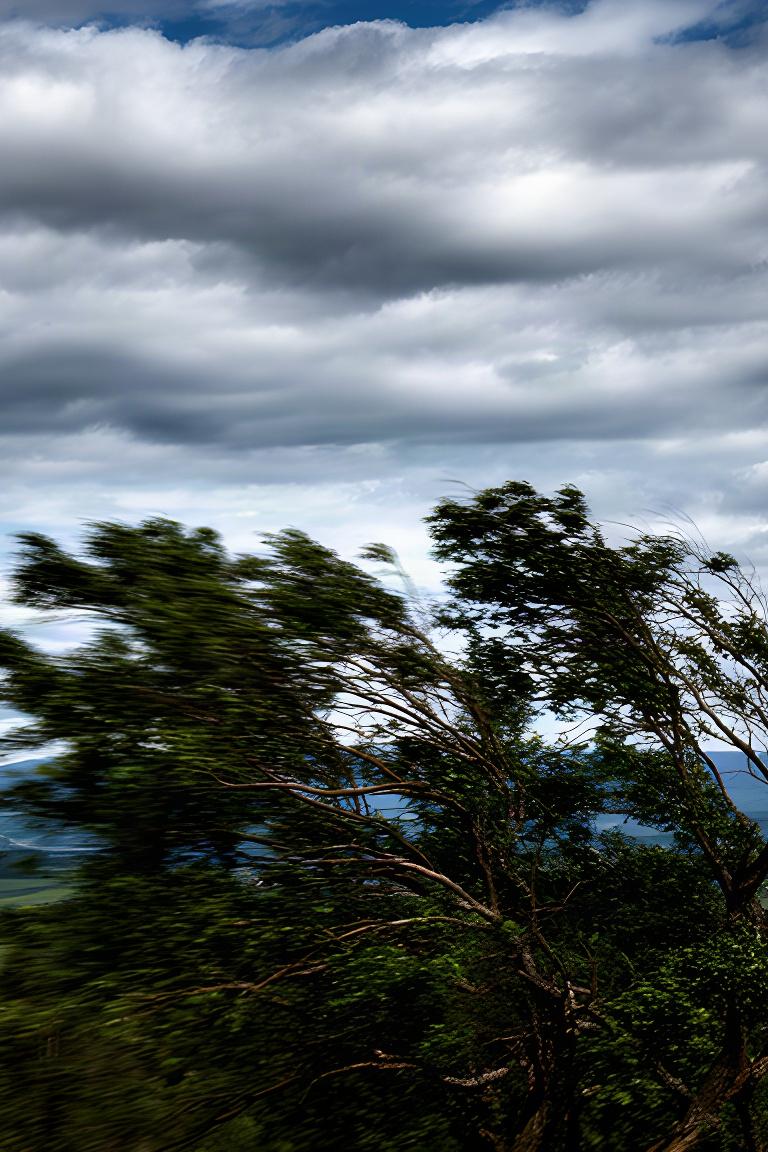 Vom Wind bewegte Baumkronen unter einer rasch wechselnden Wolkendecke