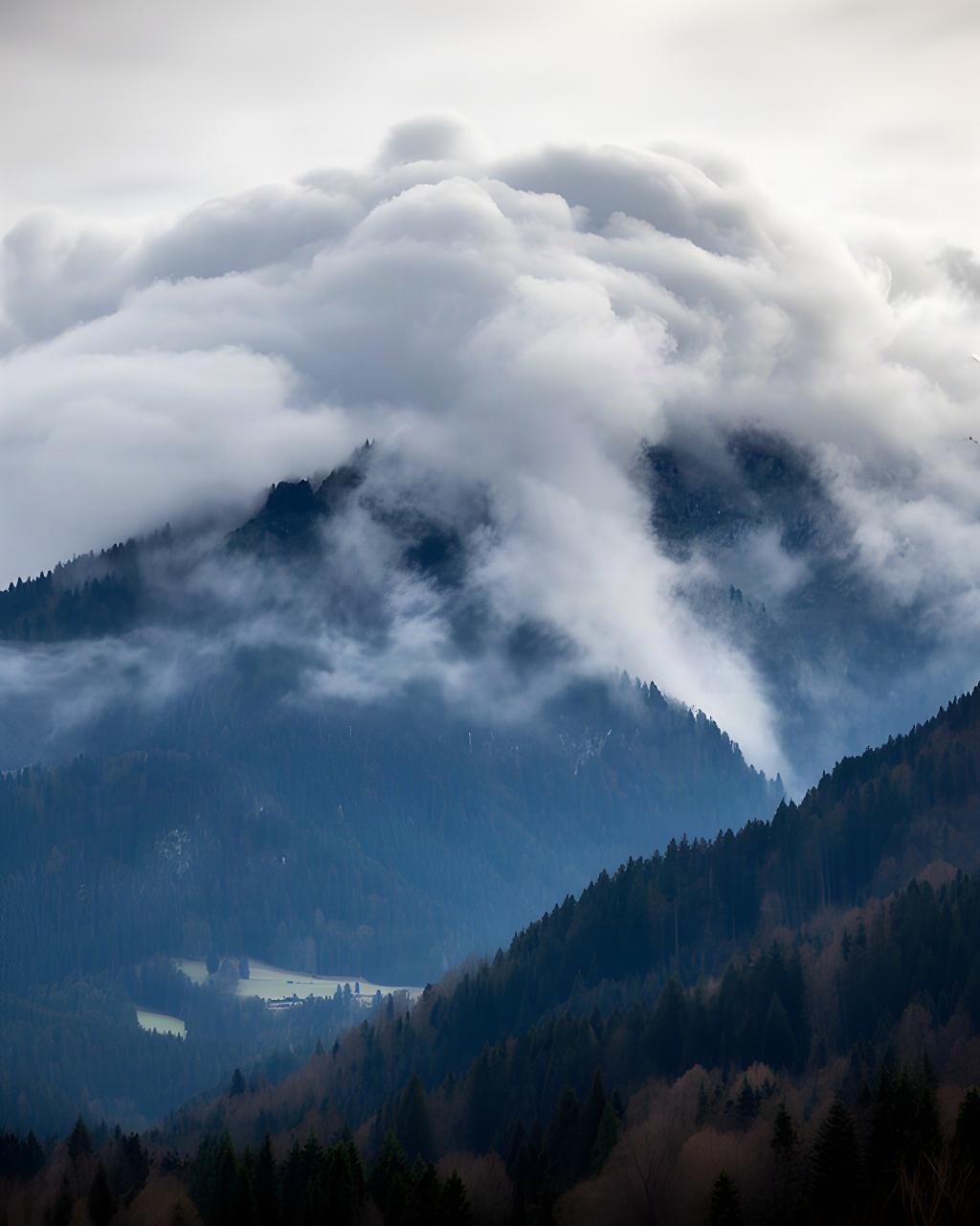 Wolkenbank liegt an einem bewaldeten Berghang über der westlichen Steiermark