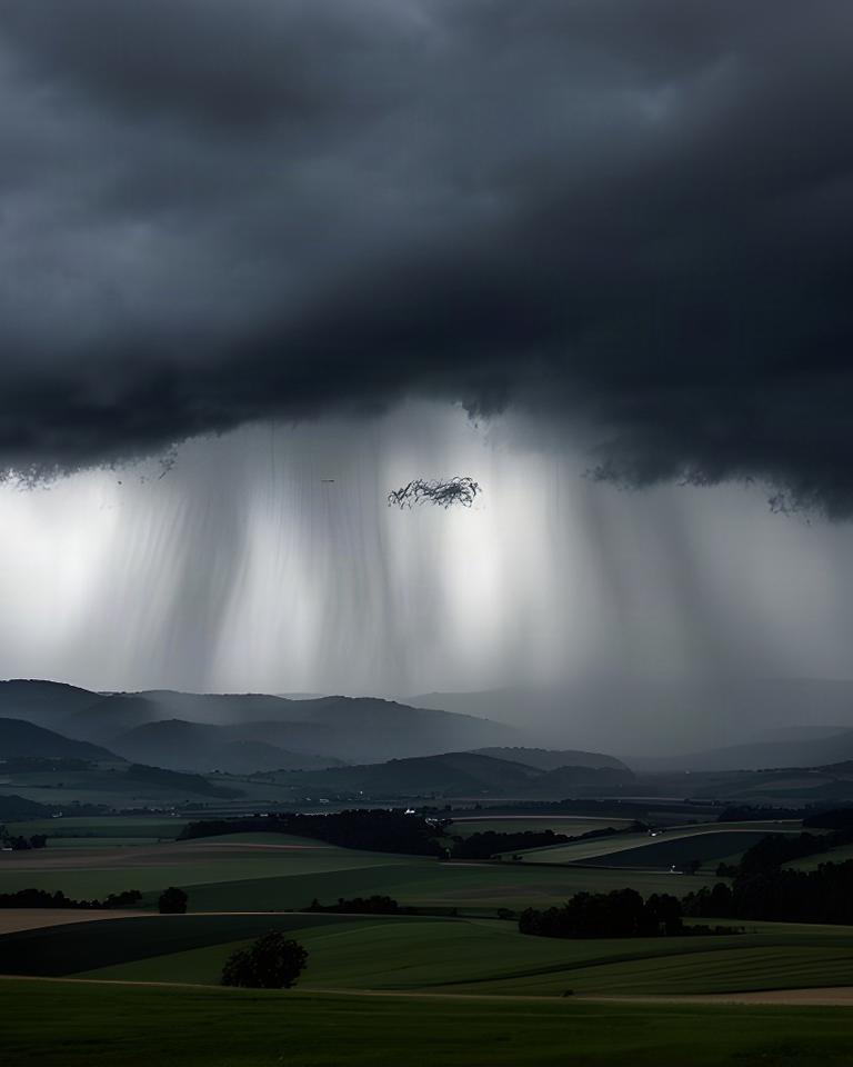 Regenfront über einer steirischen Landschaft mit dunklen Wolken und sichtbaren Niederschlagsstreifen