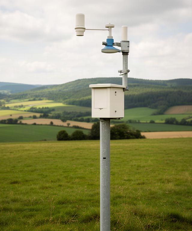 Meteorologisches Messgerät auf einer offenen Wiese, mit Feldern und Hügeln im Hintergrund