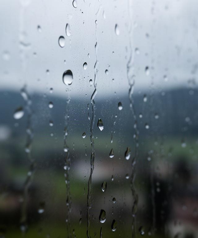 Regentropfen auf einer Fensterscheibe mit unscharf sichtbarer steirischer Landschaft dahinter