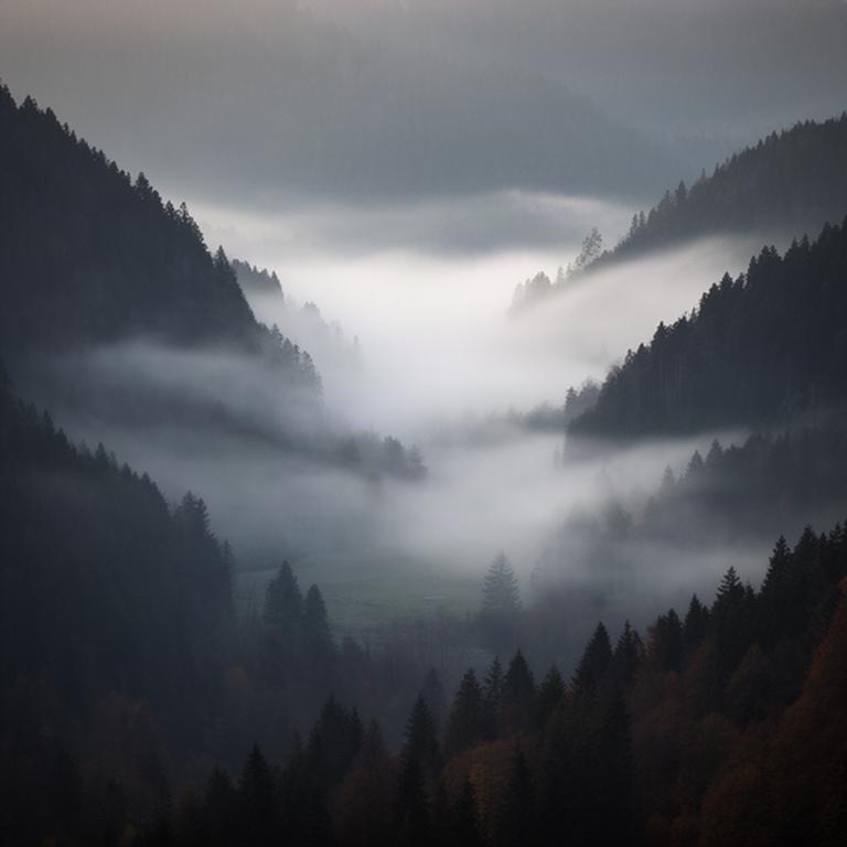 Morgennebel liegt in einem Tal der Weststeiermark zwischen dunklen Waldhängen