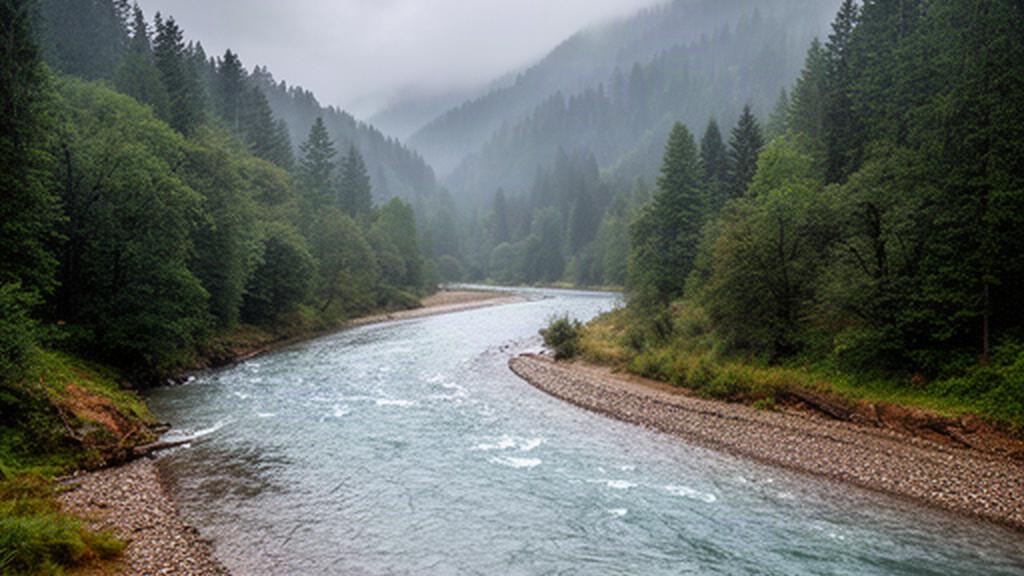 Flusslauf in der Weststeiermark nach Regen, mit sichtbarem Ufer und bewaldeter Umgebung