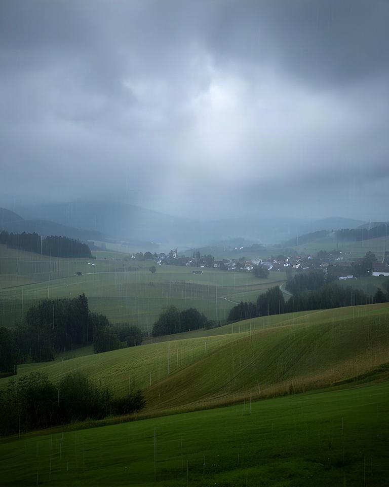 Regenschleier über einer steirischen Landschaft mit Hügeln, Wiesen und einer kleinen Ortschaft