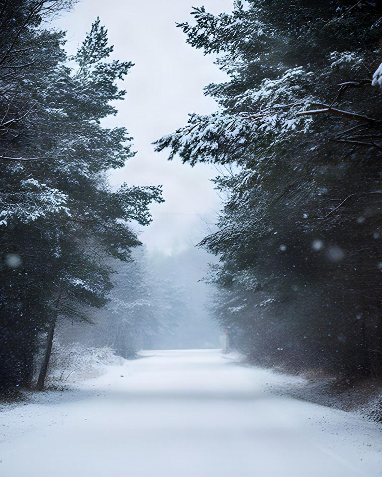 Leichter Schneefall auf einer Straße am Rand von Deutschlandsberg mit verschneiten Bäumen