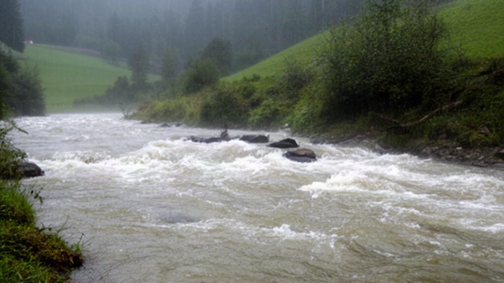 Nach kräftigem Regen führt ein Bach nahe Deutschlandsberg sichtbar mehr Wasser