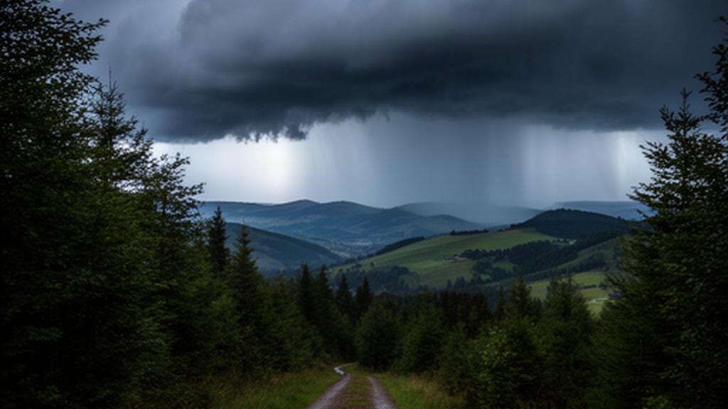 Wanderweg im Alpenvorland führt unter aufziehenden Gewitterwolken aus einem Waldstück