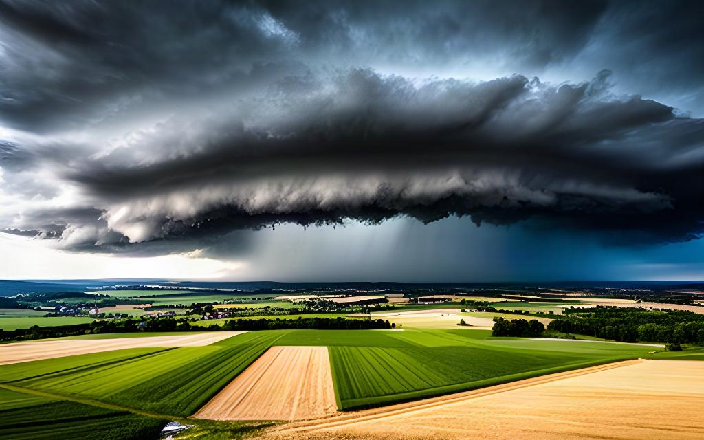 Eine markante Gewitterfront zieht über landwirtschaftliche Flächen in der Steiermark