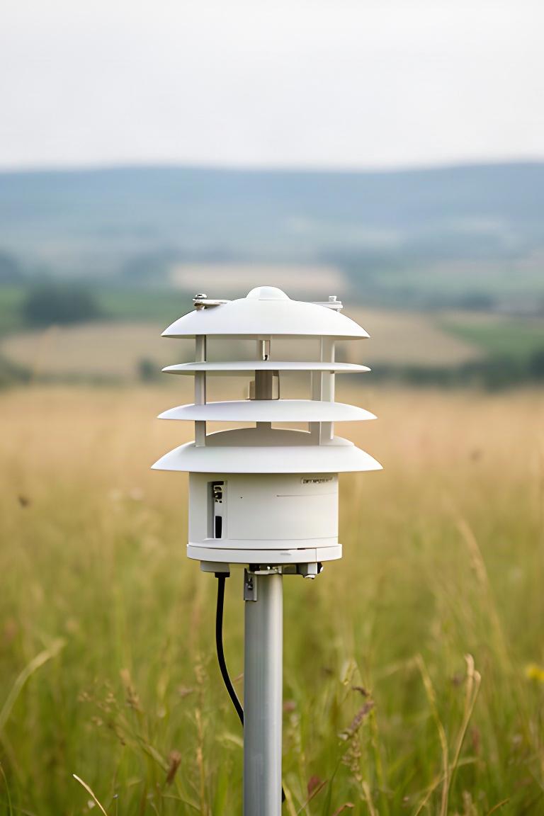 Temperaturfühler an einer Wetterstation auf einer kurz bewachsenen Wiese
