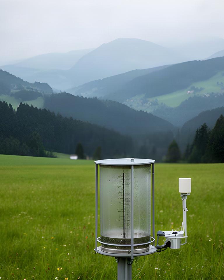 Niederschlagsmesser auf einer freien Wiese mit bewaldeten Hügeln im Hintergrund