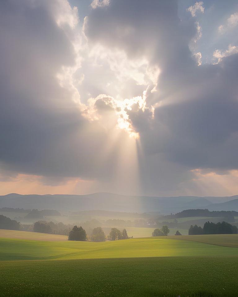 Sonnenstrahlen brechen durch eine Wolkenlücke über steirischen Wiesen