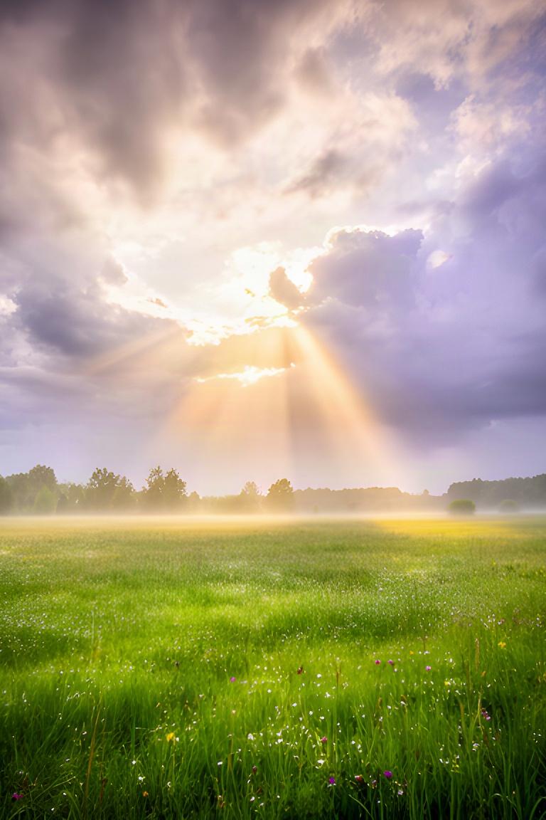 Sonnenlicht bricht nach einem Regenschauer durch Wolken über einer Wiese