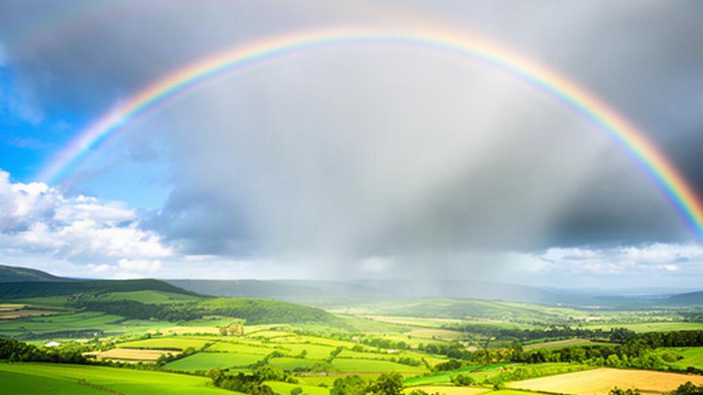 Regenbogen spannt sich nach einem Schauer über grüne Hügel und Felder