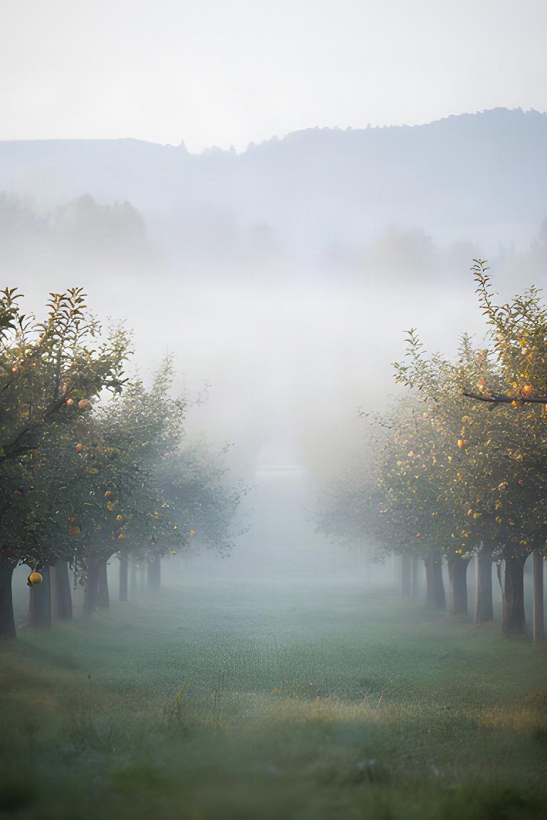 Morgennebel liegt zwischen Obstbäumen und Wiesen in der Weststeiermark