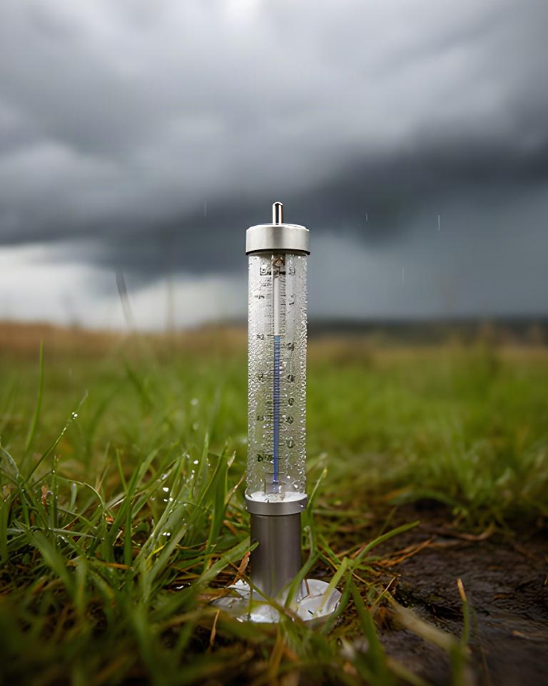 Regenmesser an einer meteorologischen Station neben nassem Gras, aufziehende Schauerwolken im Hintergrund