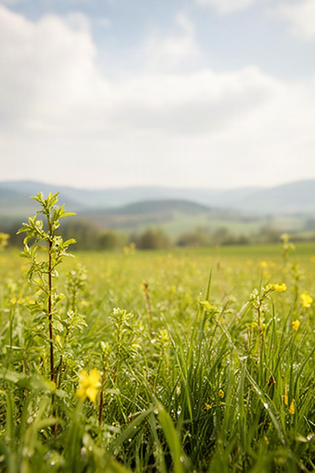 Frische Frühlingsvegetation auf einer Wiese in der Weststeiermark unter mild bewölktem Himmel