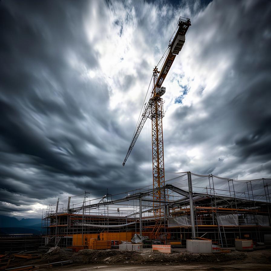 Baukran auf einer Baustelle vor bewegten Wolken in der Steiermark