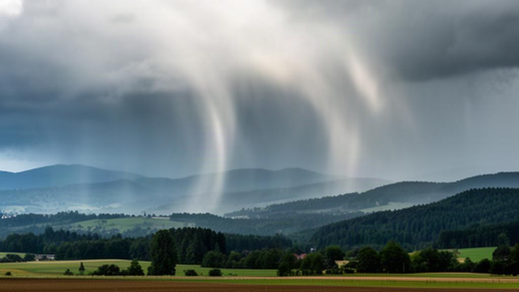 Regenstreifen über Feldern und bewaldeten Höhen in der Weststeiermark