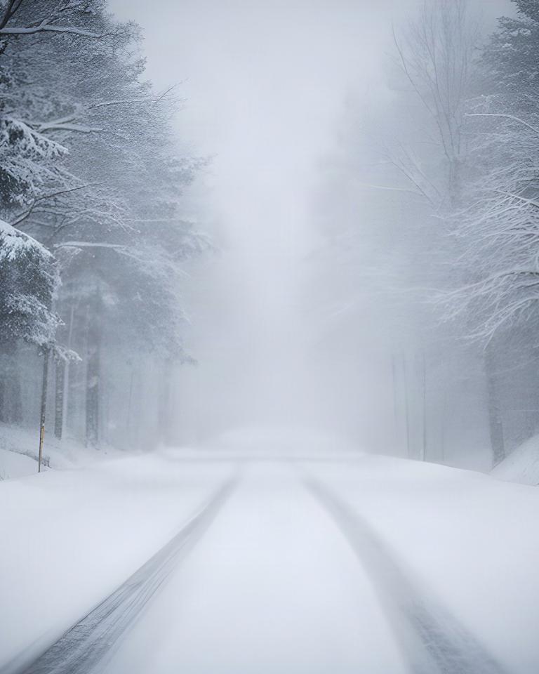 Verschneite Straße mit niedriger Sicht und schneebedeckten Bäumen im Bezirk Deutschlandsberg