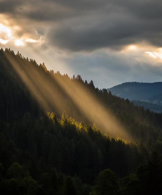 Sonnenlicht fällt durch aufziehende Wolken auf einen Waldhang in der Steiermark