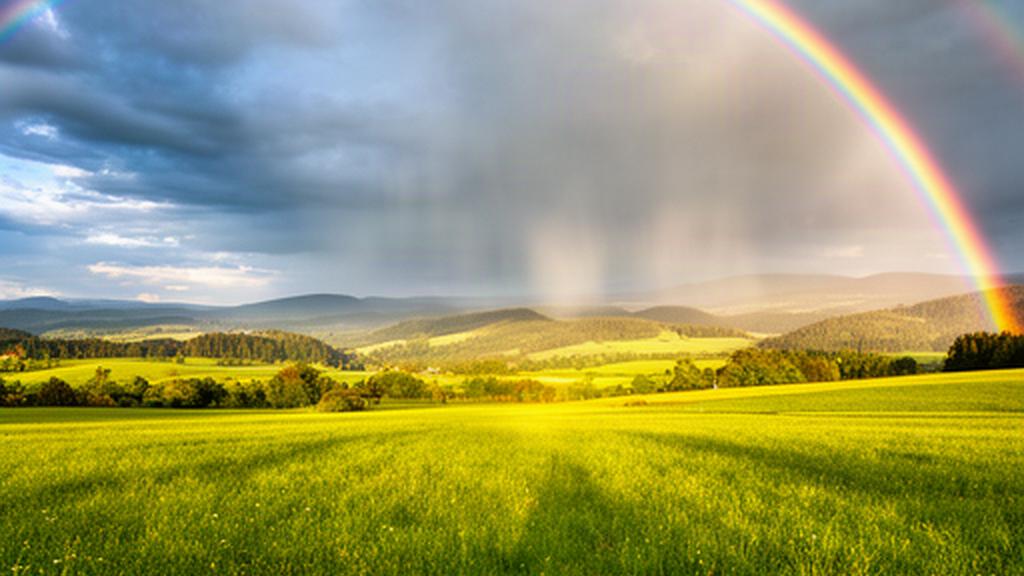 Regenbogen über einer Wiese bei Deutschlandsberg nach einem kurzen Regenschauer